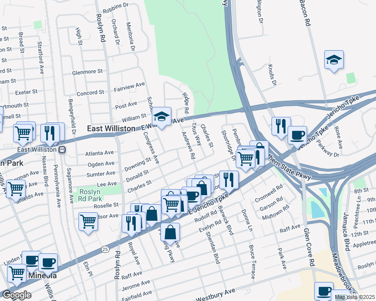 map of restaurants, bars, coffee shops, grocery stores, and more near 396 Andrews Road in East Williston