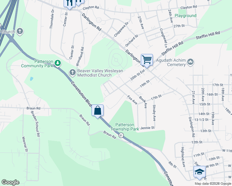 map of restaurants, bars, coffee shops, grocery stores, and more near 2905 20th Street Extension in Beaver Falls