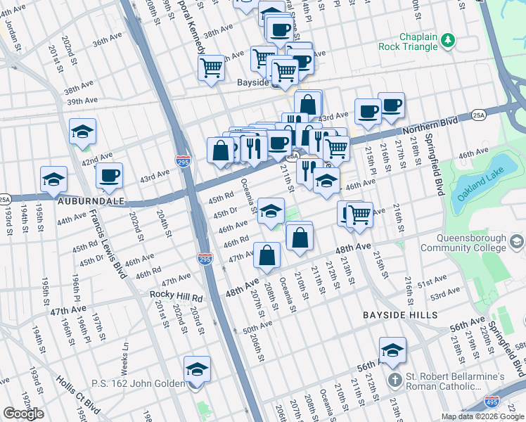 map of restaurants, bars, coffee shops, grocery stores, and more near 209-19 45th Drive in Queens