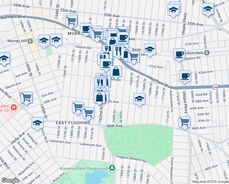 map of restaurants, bars, coffee shops, grocery stores, and more near 43-21 163rd Street in Queens