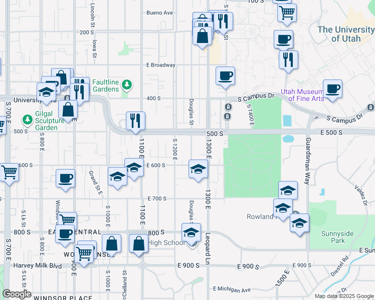 map of restaurants, bars, coffee shops, grocery stores, and more near 1254 East 500 South in Salt Lake City