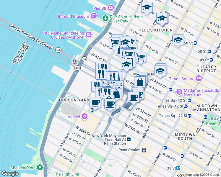 map of restaurants, bars, coffee shops, grocery stores, and more near 516 West 39th Street in New York