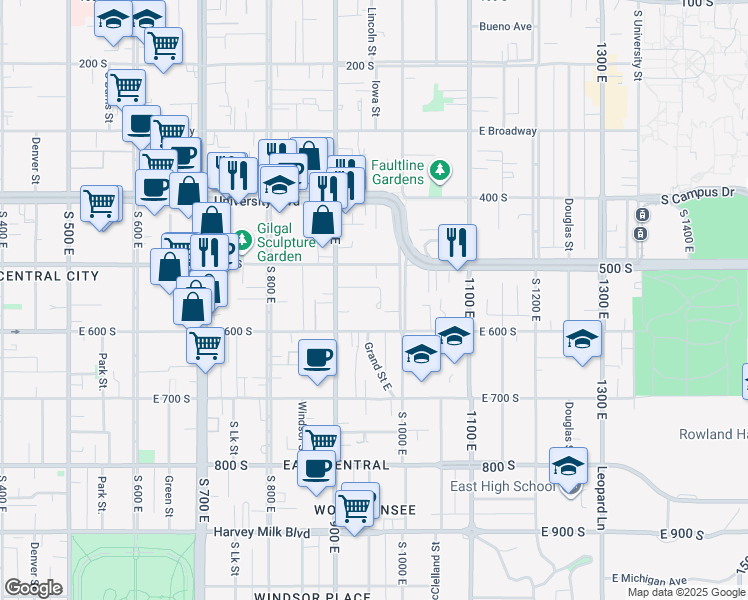 map of restaurants, bars, coffee shops, grocery stores, and more near 543 South 900 East in Salt Lake City