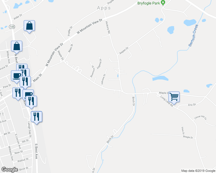 map of restaurants, bars, coffee shops, grocery stores, and more near 4764 Maple Drive in Walnutport