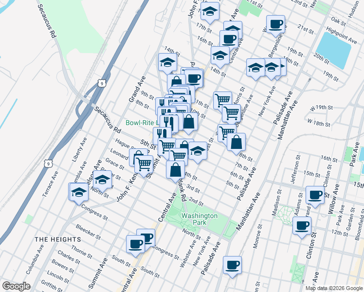 map of restaurants, bars, coffee shops, grocery stores, and more near 714 7th Street in Union City