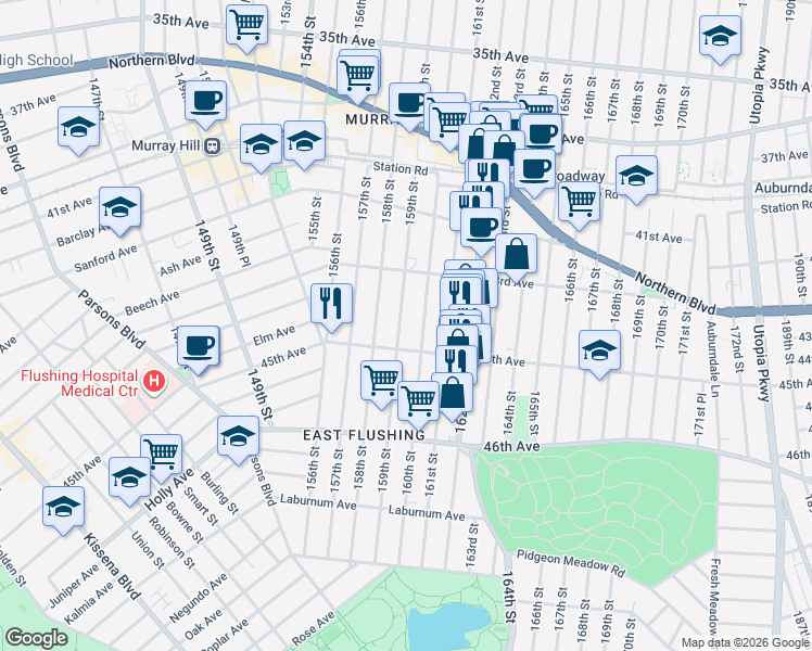 map of restaurants, bars, coffee shops, grocery stores, and more near 43-36 159th Street in Queens
