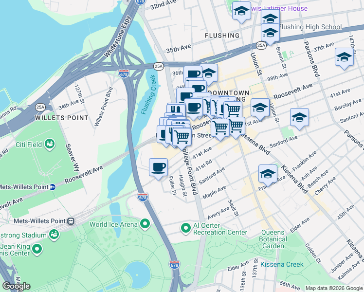 map of restaurants, bars, coffee shops, grocery stores, and more near 40-26 College Point Boulevard in Queens