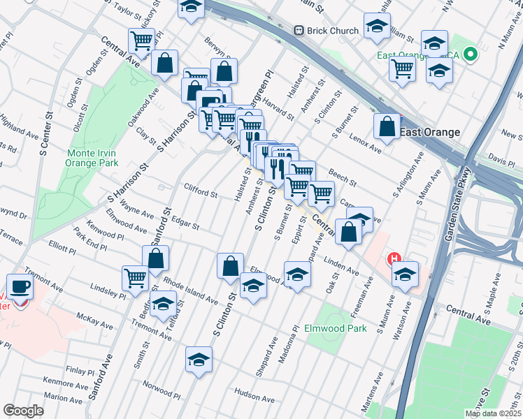 map of restaurants, bars, coffee shops, grocery stores, and more near 206 Amherst Street in East Orange