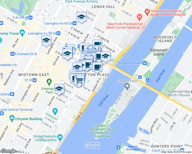 map of restaurants, bars, coffee shops, grocery stores, and more near 431 East 57th Street in New York