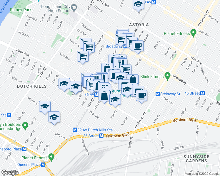 map of restaurants, bars, coffee shops, grocery stores, and more near 34-56 33rd Street in Queens