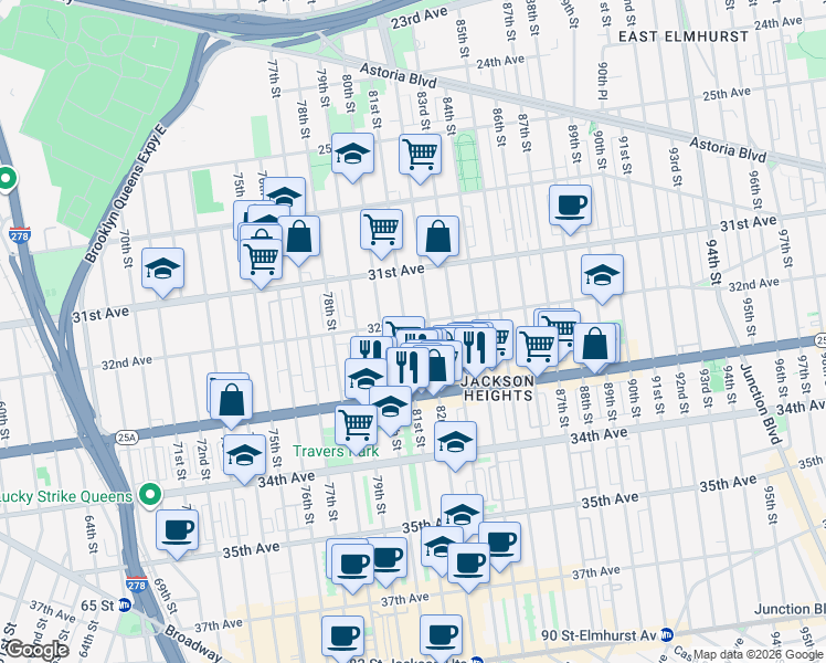 map of restaurants, bars, coffee shops, grocery stores, and more near 31-38 81st Street in Queens