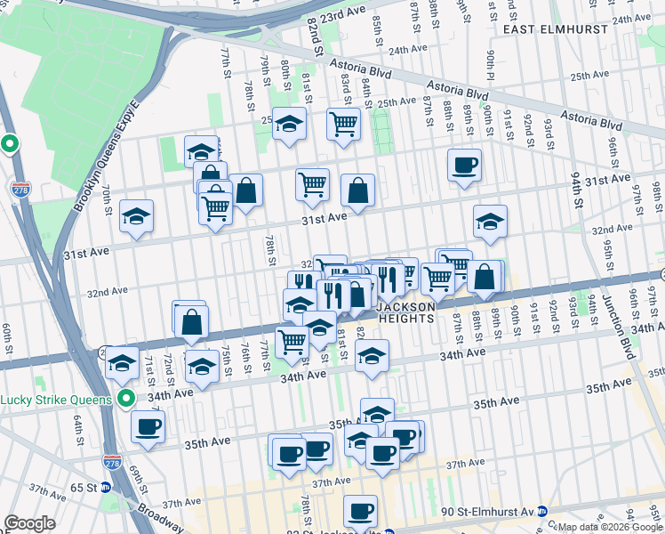 map of restaurants, bars, coffee shops, grocery stores, and more near 31-38 81st Street in Queens