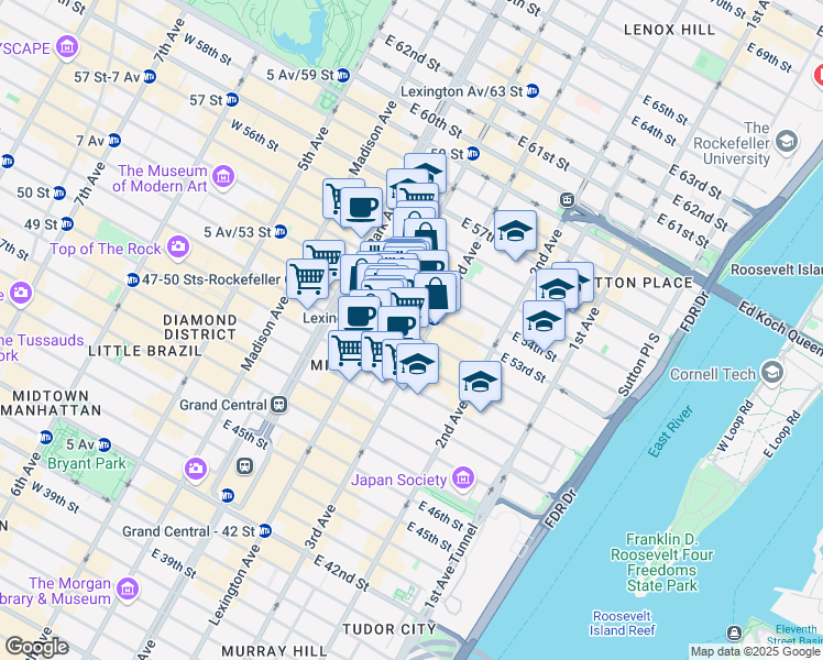 map of restaurants, bars, coffee shops, grocery stores, and more near 163 East 52nd Street in New York