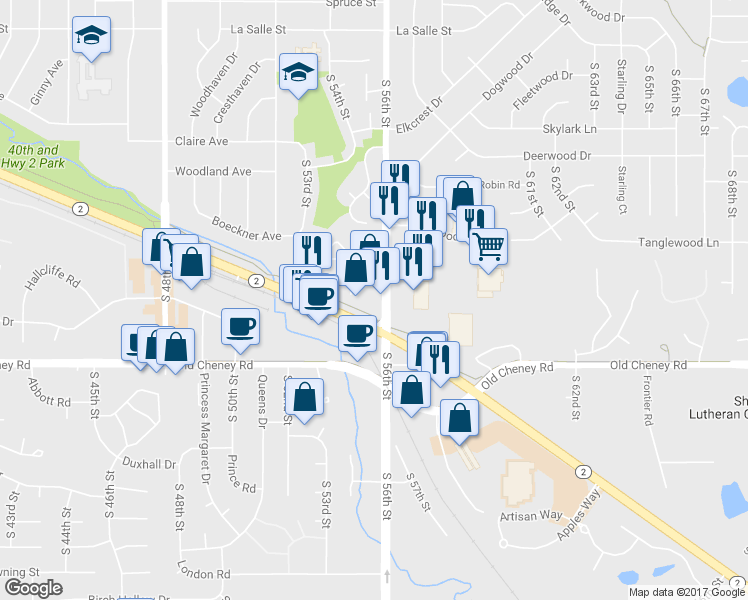 map of restaurants, bars, coffee shops, grocery stores, and more near 5641 S 56th St in Lincoln