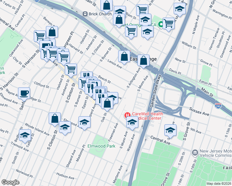 map of restaurants, bars, coffee shops, grocery stores, and more near 45 Beech Street in East Orange
