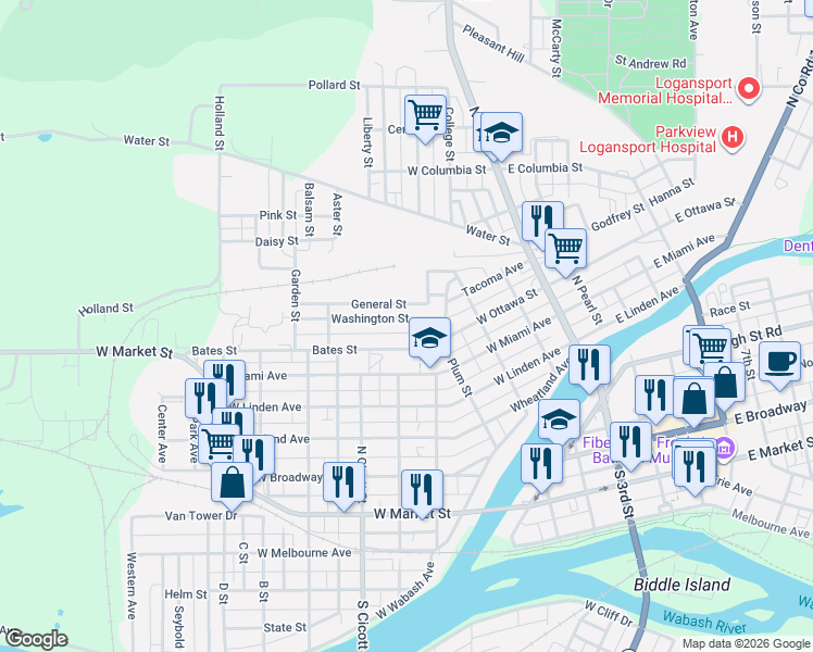 map of restaurants, bars, coffee shops, grocery stores, and more near 92-498 General Street in Logansport