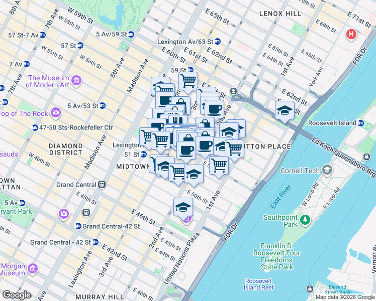 map of restaurants, bars, coffee shops, grocery stores, and more near 229 East 53rd Street in New York