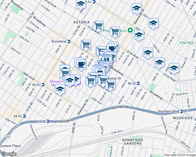 map of restaurants, bars, coffee shops, grocery stores, and more near 32-40 Steinway Street in Queens