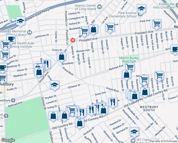 map of restaurants, bars, coffee shops, grocery stores, and more near 226 Costar Street in Westbury