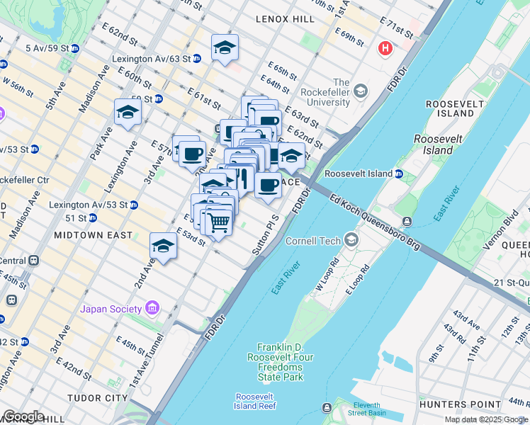 map of restaurants, bars, coffee shops, grocery stores, and more near 431 East 57th Street in New York