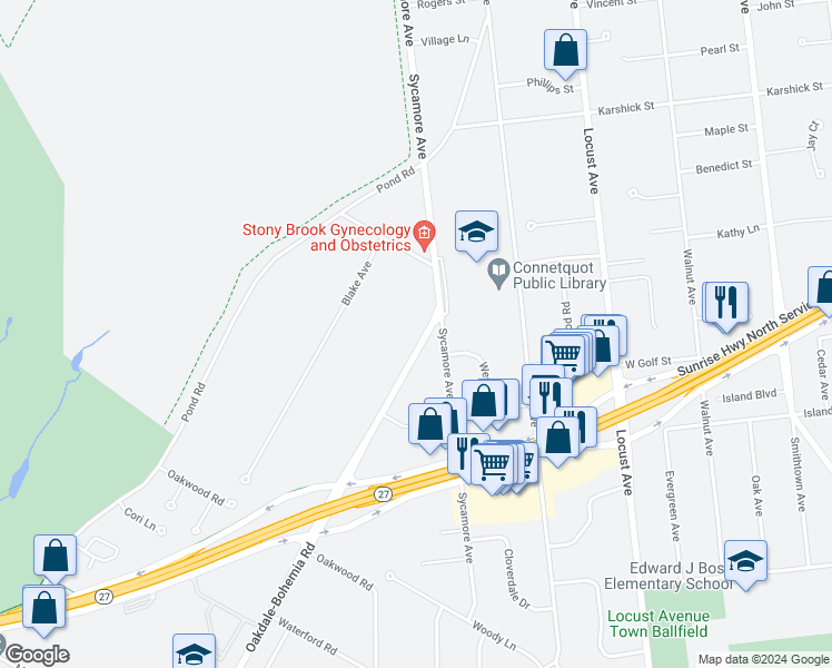 map of restaurants, bars, coffee shops, grocery stores, and more near 210 Oakdale-Bohemia Road in Bohemia