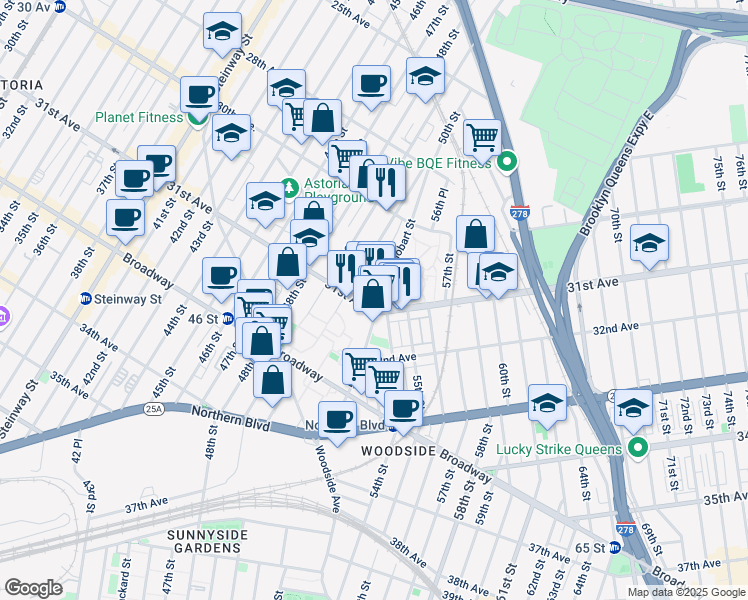 map of restaurants, bars, coffee shops, grocery stores, and more near 50-01 31st Avenue in Queens