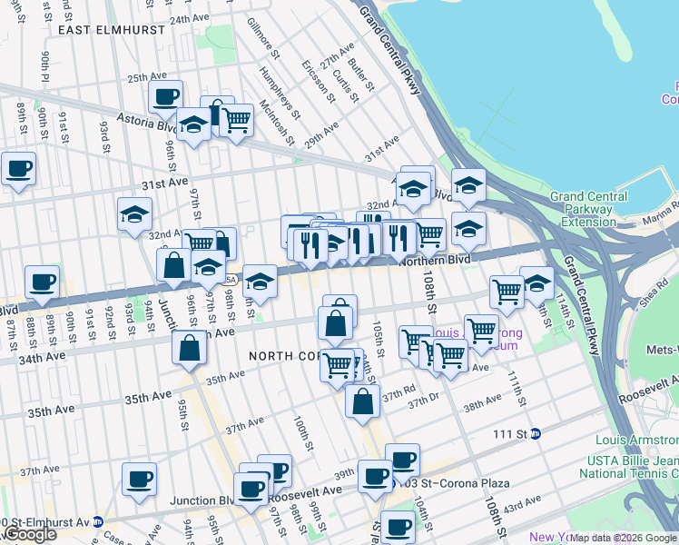 map of restaurants, bars, coffee shops, grocery stores, and more near in Queens