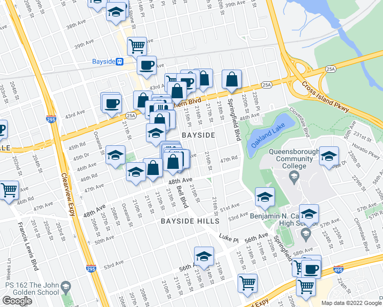 map of restaurants, bars, coffee shops, grocery stores, and more near in Queens