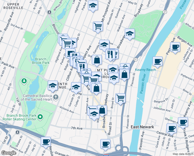 map of restaurants, bars, coffee shops, grocery stores, and more near 191 Summer Avenue in Newark