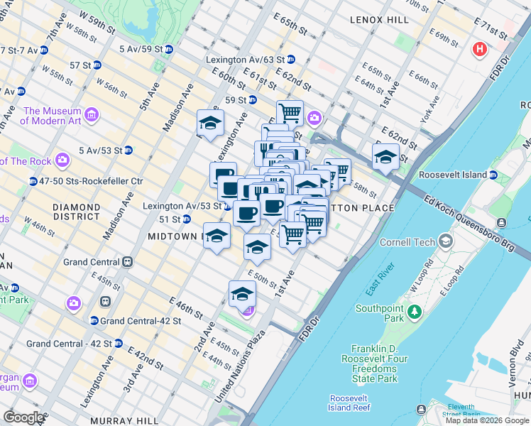 map of restaurants, bars, coffee shops, grocery stores, and more near 250 East 54th Street in New York