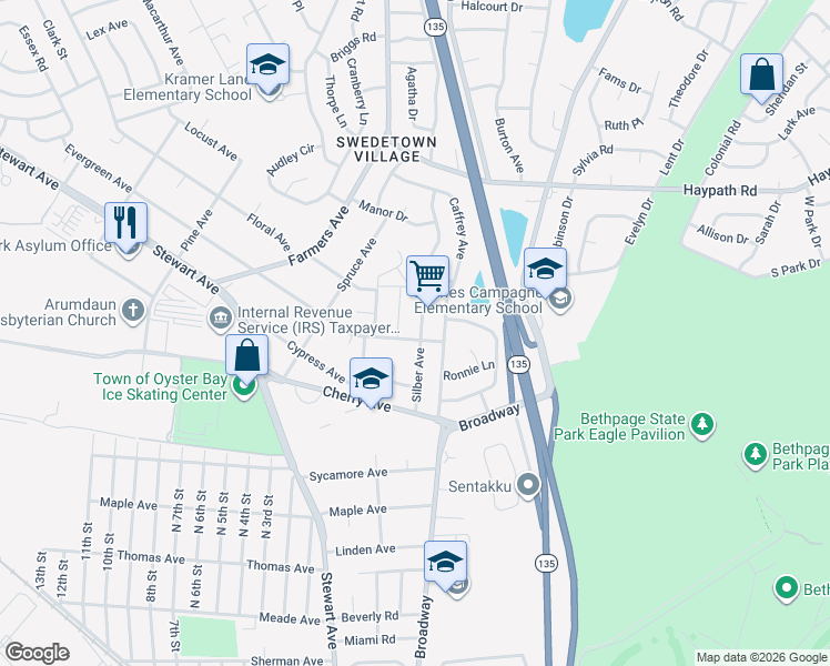 map of restaurants, bars, coffee shops, grocery stores, and more near 41 Silber Avenue in Bethpage