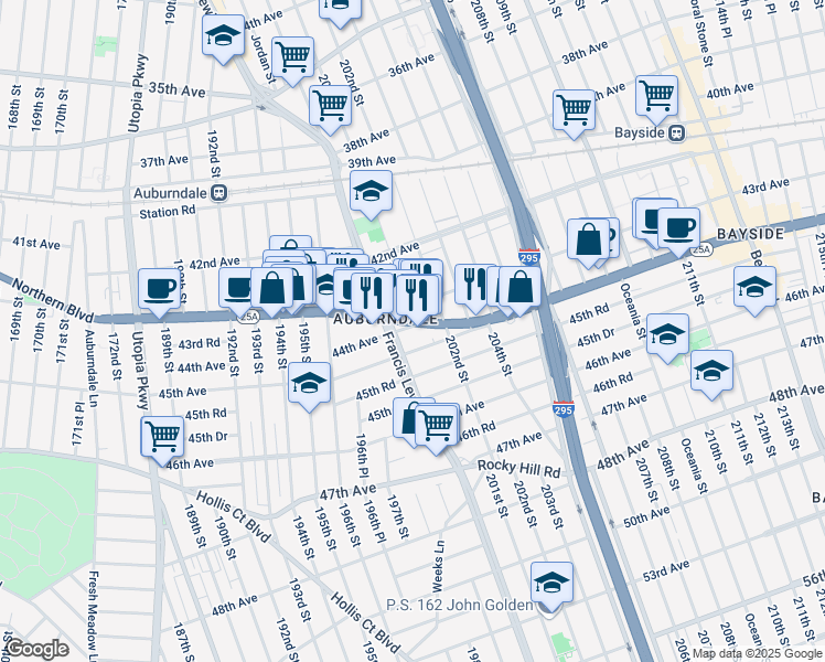 map of restaurants, bars, coffee shops, grocery stores, and more near 201-08 43rd Avenue in Queens