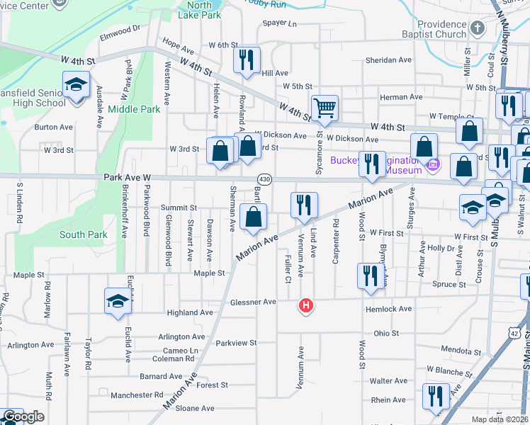 map of restaurants, bars, coffee shops, grocery stores, and more near 45-51 Baldwin Ave in Mansfield