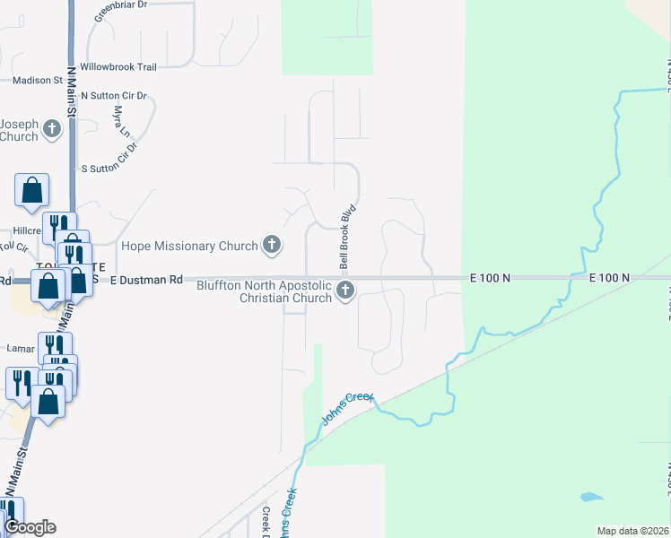 map of restaurants, bars, coffee shops, grocery stores, and more near 1312 Bell Brook Boulevard in Bluffton