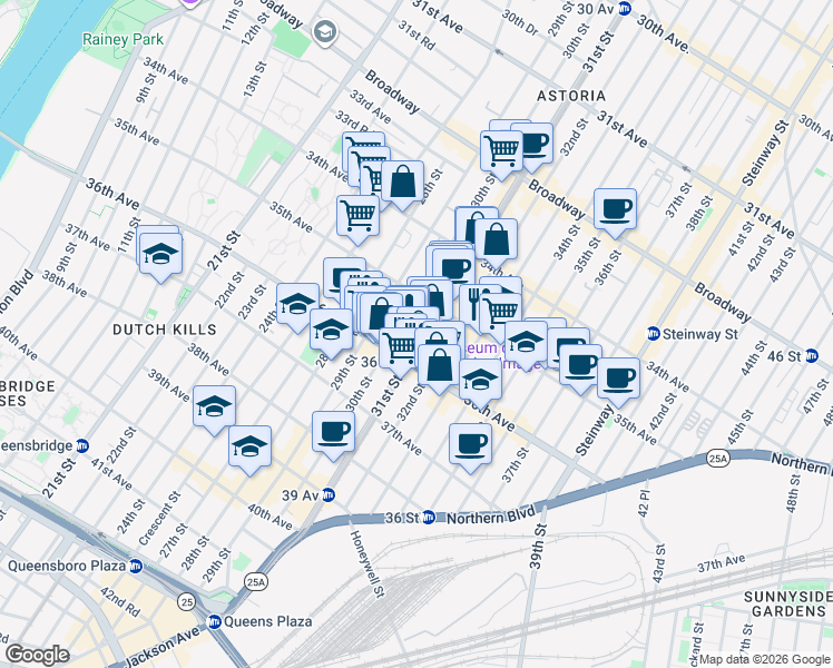 map of restaurants, bars, coffee shops, grocery stores, and more near 30-14 35th Avenue in Queens
