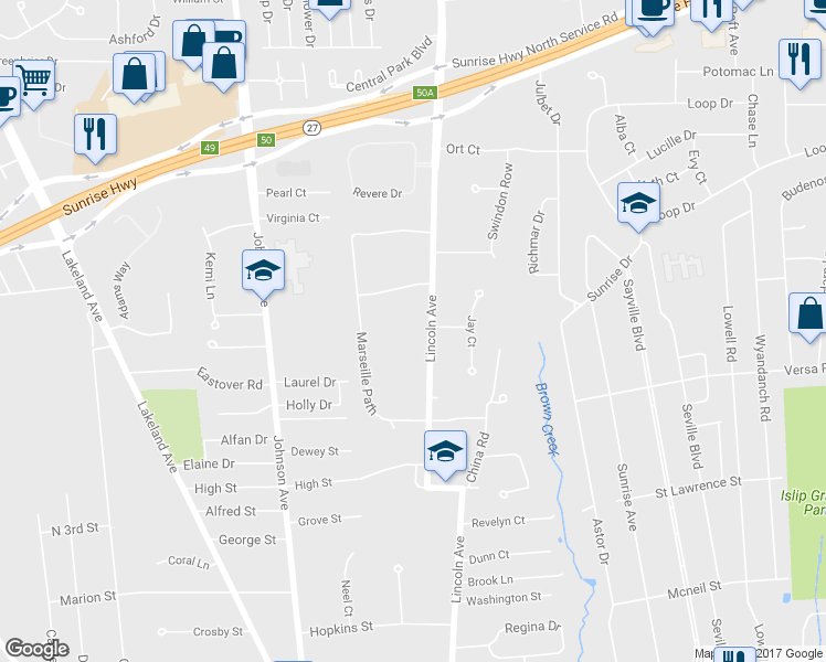 map of restaurants, bars, coffee shops, grocery stores, and more near 590 Lincoln Avenue in Sayville