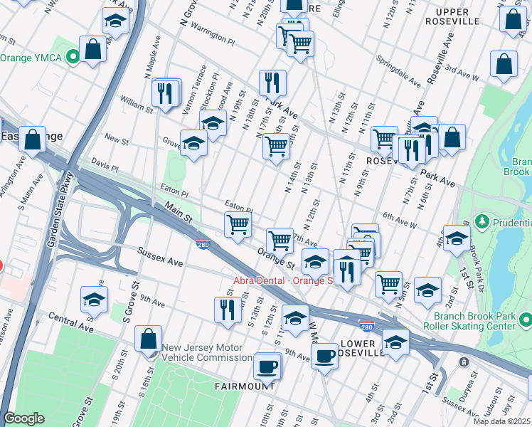 map of restaurants, bars, coffee shops, grocery stores, and more near 14 North 16th Street in East Orange
