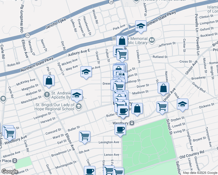 map of restaurants, bars, coffee shops, grocery stores, and more near 211 Drexel Avenue in Westbury