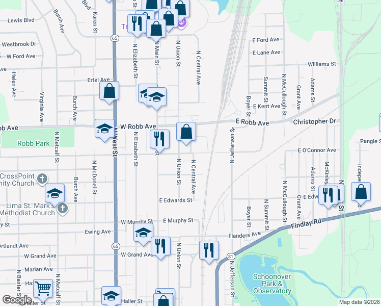 map of restaurants, bars, coffee shops, grocery stores, and more near 1200 North Central Avenue in Lima