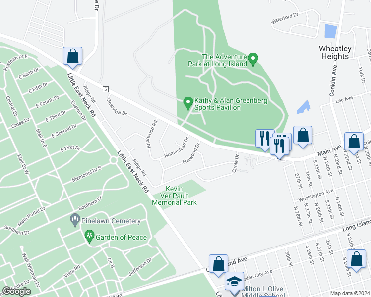 map of restaurants, bars, coffee shops, grocery stores, and more near 15 Homestead Drive in Wheatley Heights