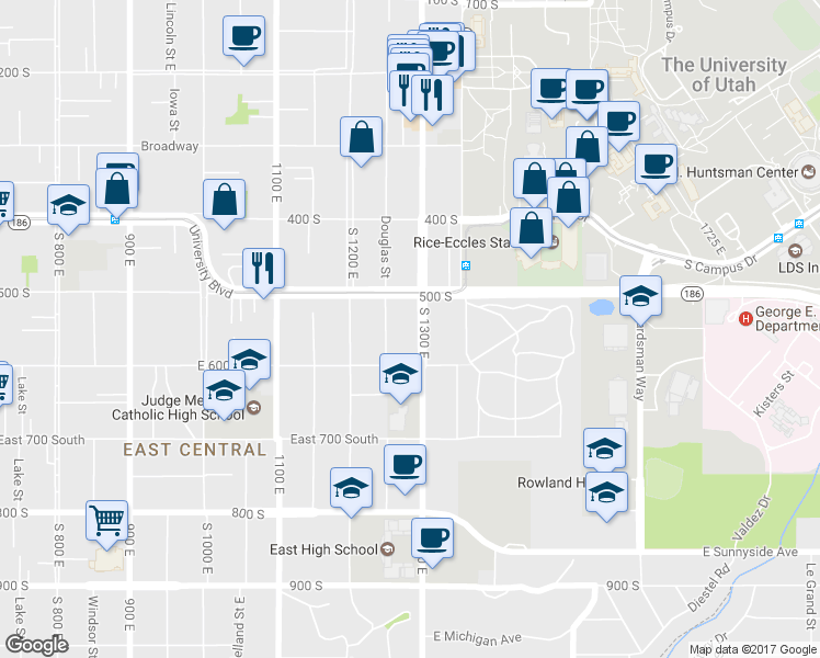 map of restaurants, bars, coffee shops, grocery stores, and more near 1254 East 500 South in Salt Lake City