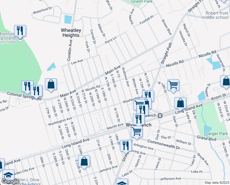 map of restaurants, bars, coffee shops, grocery stores, and more near 71 North 16th Street in Wheatley Heights