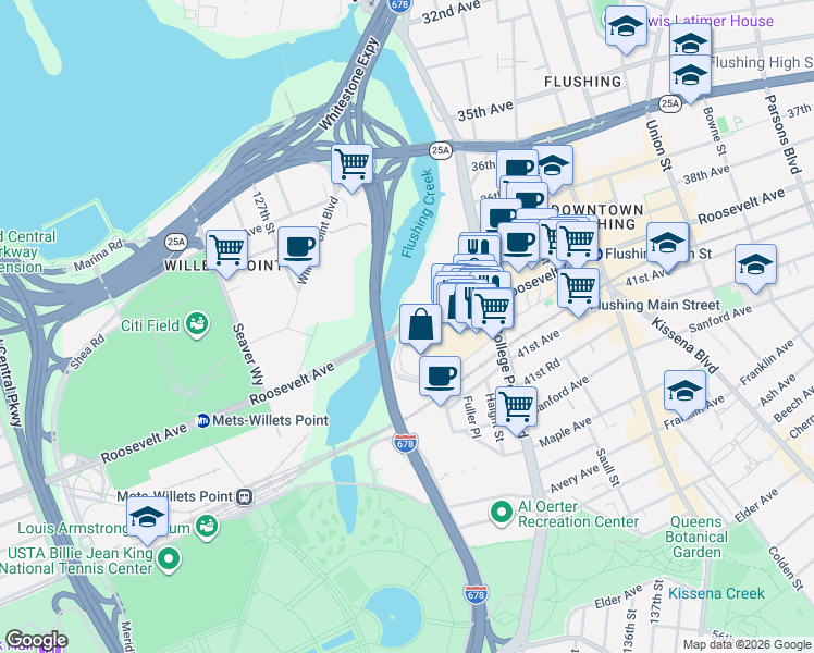 map of restaurants, bars, coffee shops, grocery stores, and more near 3908 Janet Place in Queens