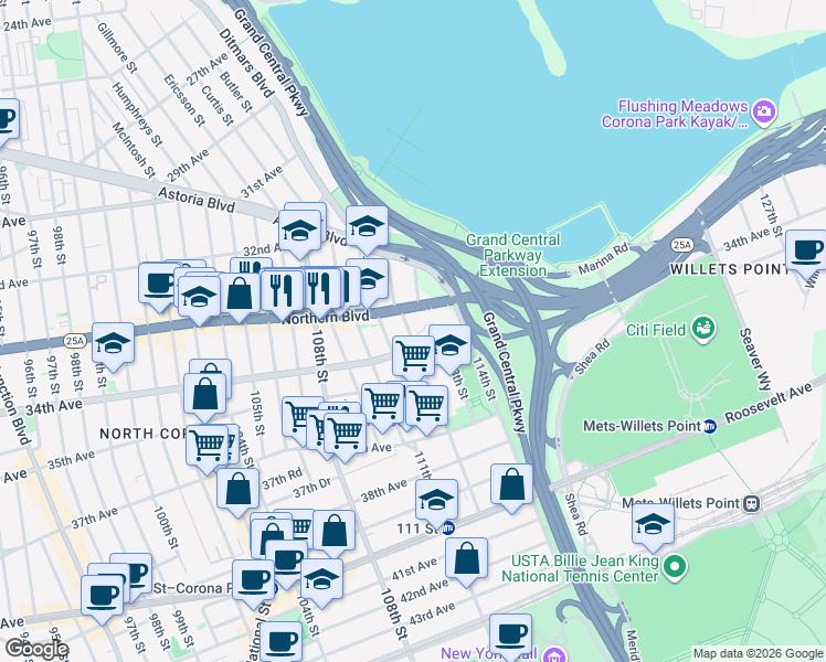 map of restaurants, bars, coffee shops, grocery stores, and more near 112-24 Northern Boulevard in Queens
