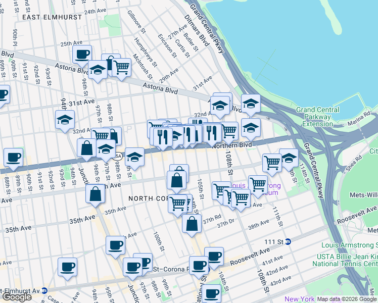 map of restaurants, bars, coffee shops, grocery stores, and more near in Queens