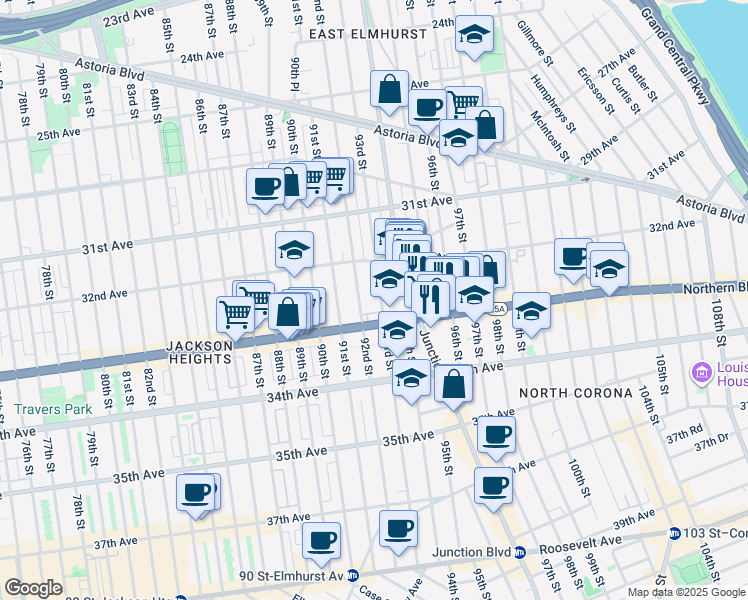 map of restaurants, bars, coffee shops, grocery stores, and more near in Queens