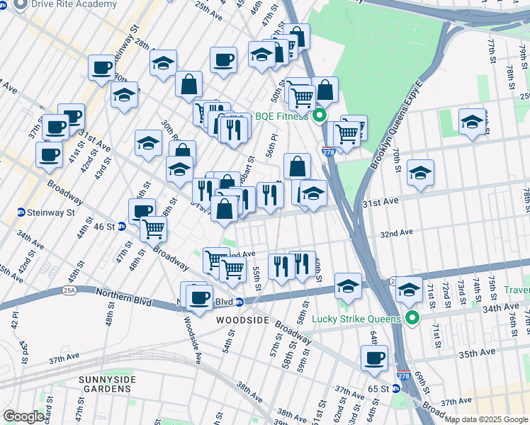 map of restaurants, bars, coffee shops, grocery stores, and more near 56-07 31st Avenue in Queens