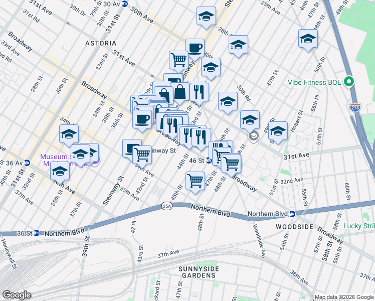 map of restaurants, bars, coffee shops, grocery stores, and more near in Queens