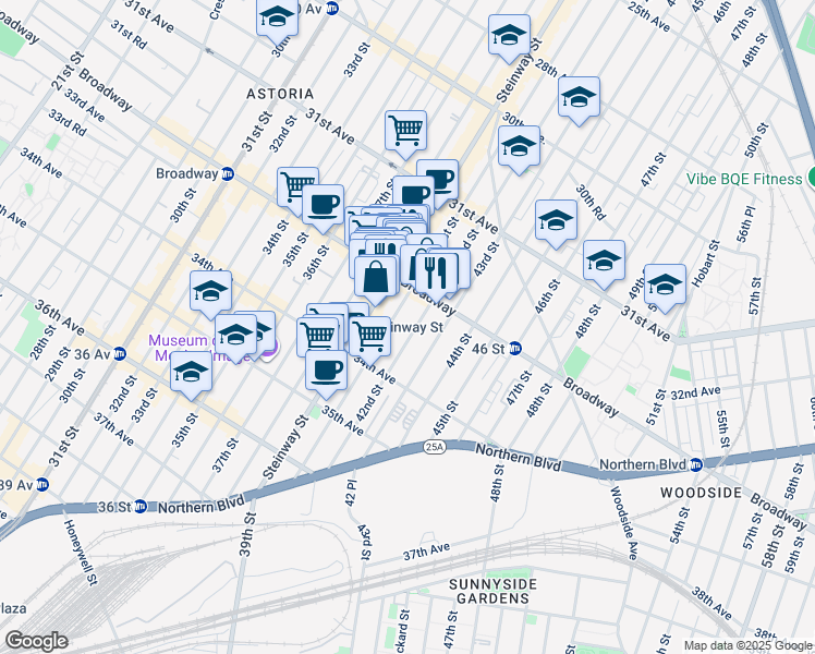 map of restaurants, bars, coffee shops, grocery stores, and more near in Queens