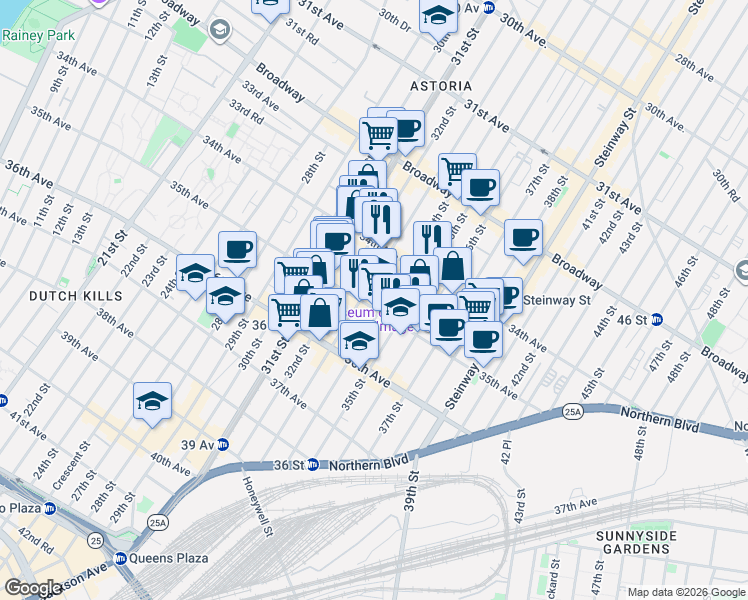 map of restaurants, bars, coffee shops, grocery stores, and more near 34-29 33rd Street in Queens